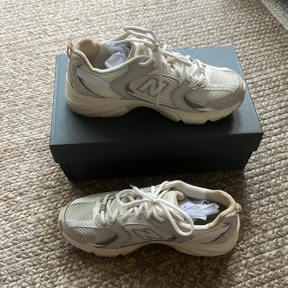 New Balance 530 off white. Never worn. Size 6.5 but more like 8W. $117
